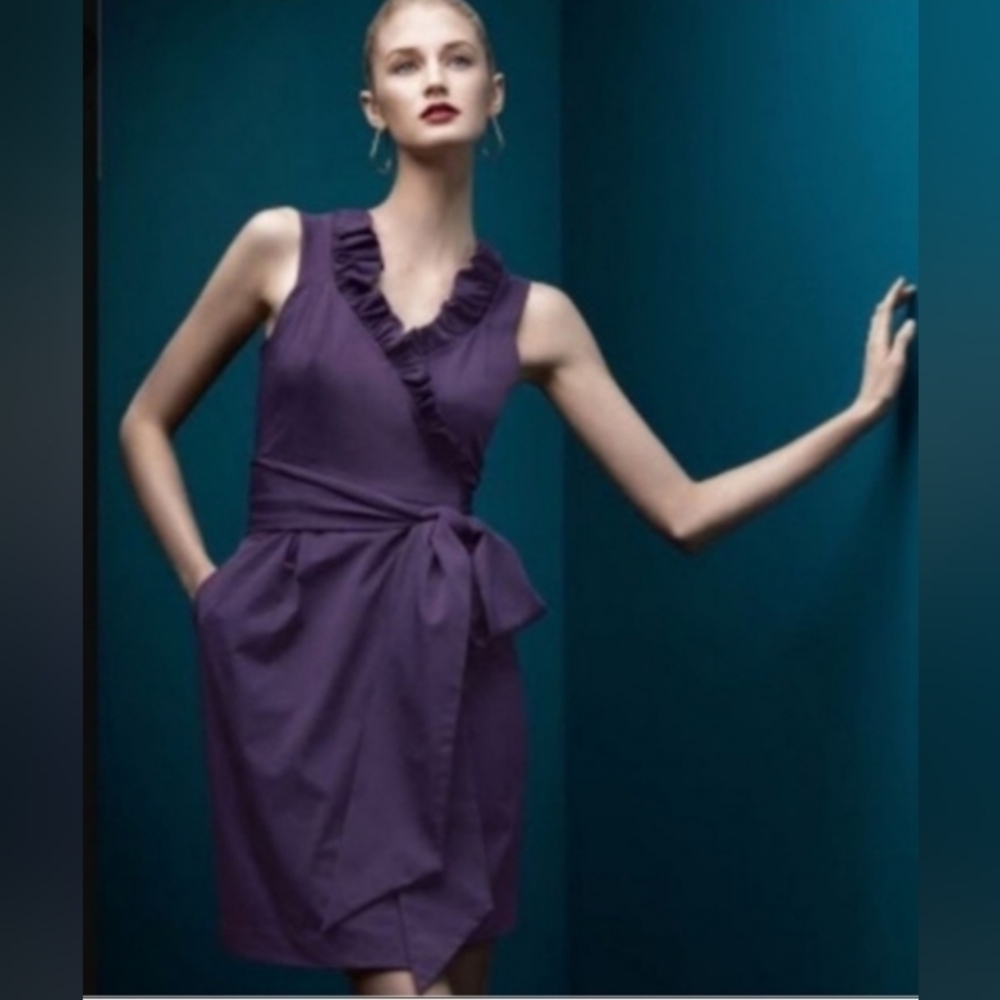Diane von Furstenberg Wrap Dress "Hampton" V Neck Ruffle Trim Dark Plum size 8
